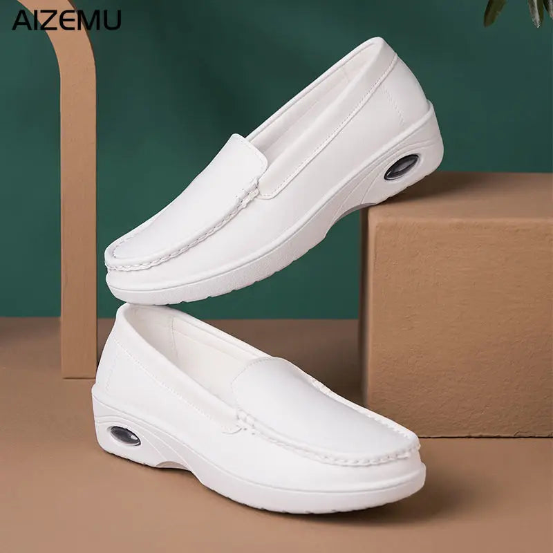 Women's White Slip-On Loafers - Comfortable Casual Flats for Work, Nursing, and Medical Professions - Non-Slip, Soft, and Breathable