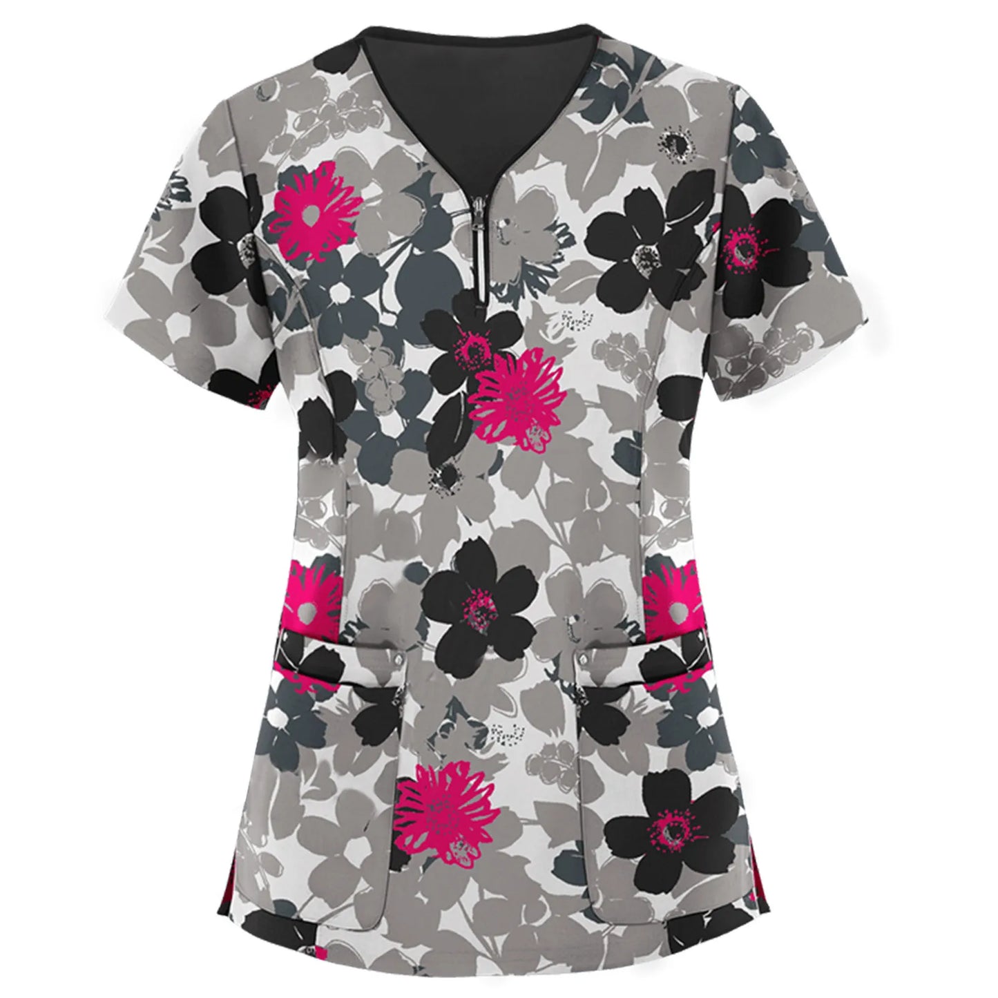 Women's Short Sleeve V-neck Nurse Uniform Top with Floral Print and Front Pocket - Workwear Blouse