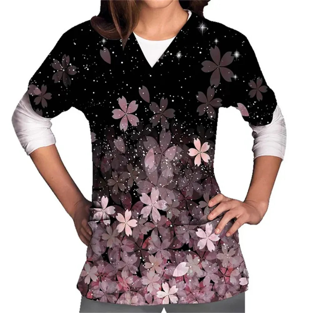 Nursing Uniform Women's Scrubs Top With Two Pockets Floral Printed Short Sleeve V-Neck