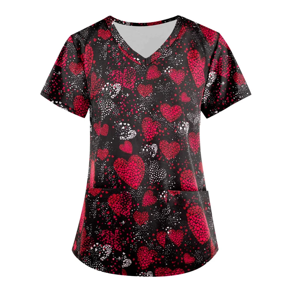 Valentine Day Nurse Uniform Women Heart Love Print Medical Scrubs Working Short Sleeve Uniform Blouse Scrubs Nursing Working