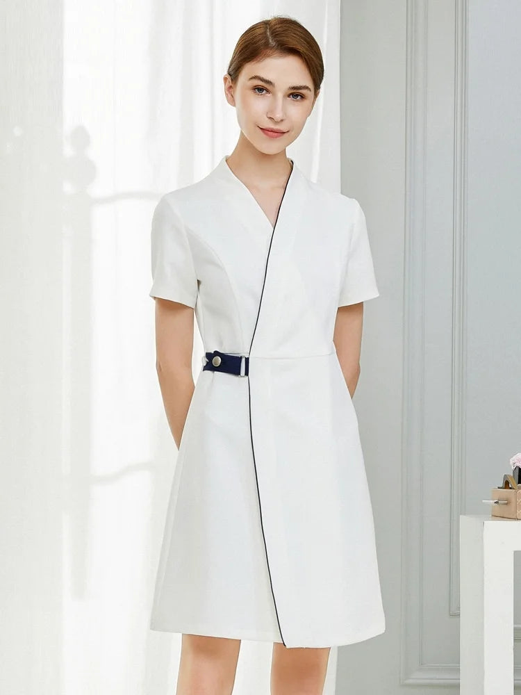 "Premium Short Sleeve Nurse Uniform Dress for Summer Spa | White | New Arrival