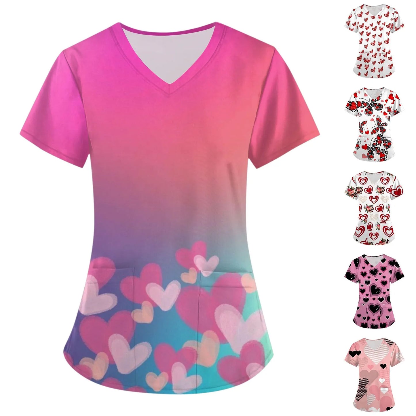 Valentine's Day Nurse Uniform Tops - Butterfly Print, Short Sleeves