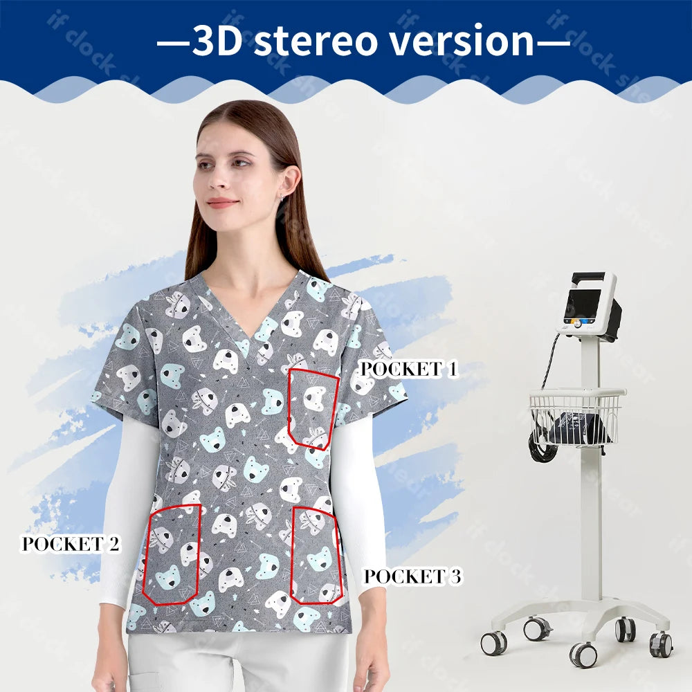 Medical Uniform Scrub Set with Fashionable Flower Print and Functional Features