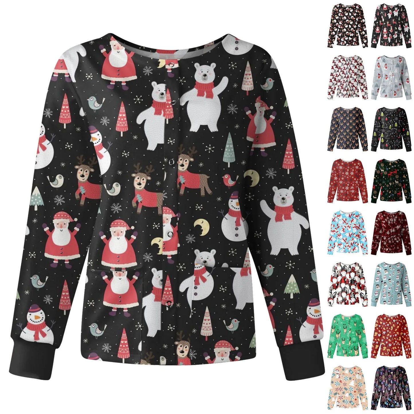 Christmas Print Nursing Uniform Jacket - Long-sleeve Tops for Women