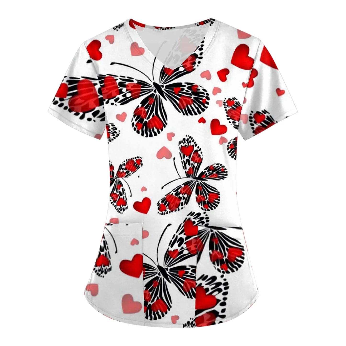 Valentine's Day Nurse Uniform Tops - Butterfly Print, Short Sleeves