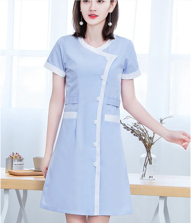 Pink Nurse Summer Workwear for Women - Medium Sleeves, Slim Fit Uniform with Front Opening