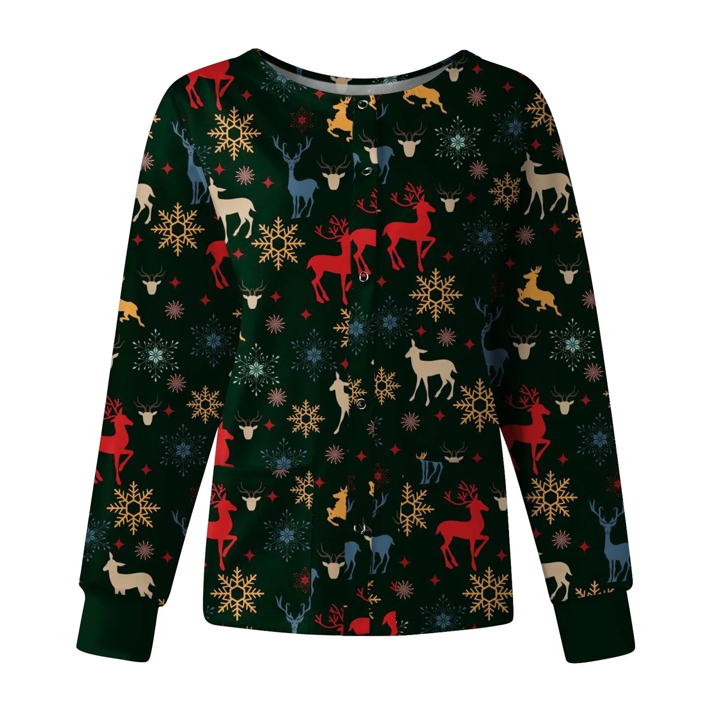 Christmas Print Nursing Uniform Jacket - Long-sleeve Tops for Women