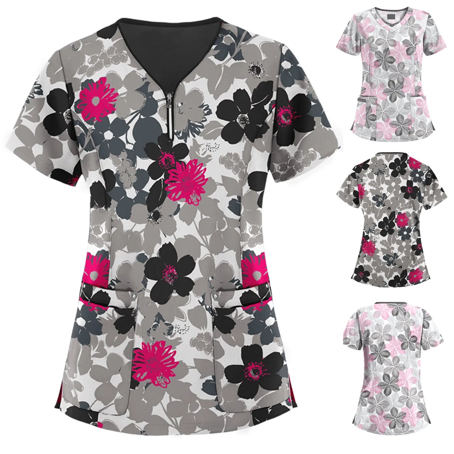 Women's Short Sleeve V-neck Nurse Uniform Top with Floral Print and Front Pocket - Workwear Blouse