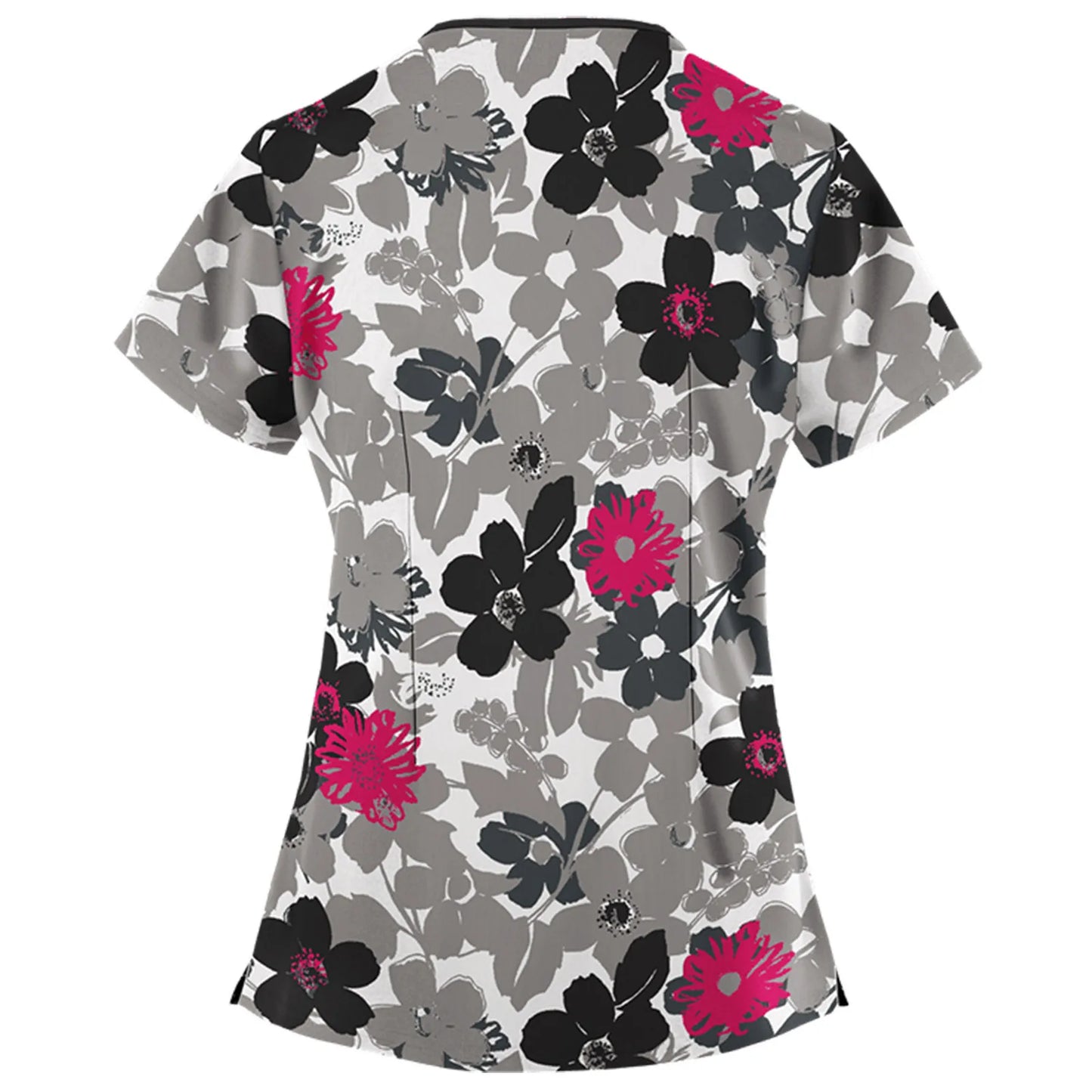 Women's Short Sleeve V-neck Nurse Uniform Top with Floral Print and Front Pocket - Workwear Blouse