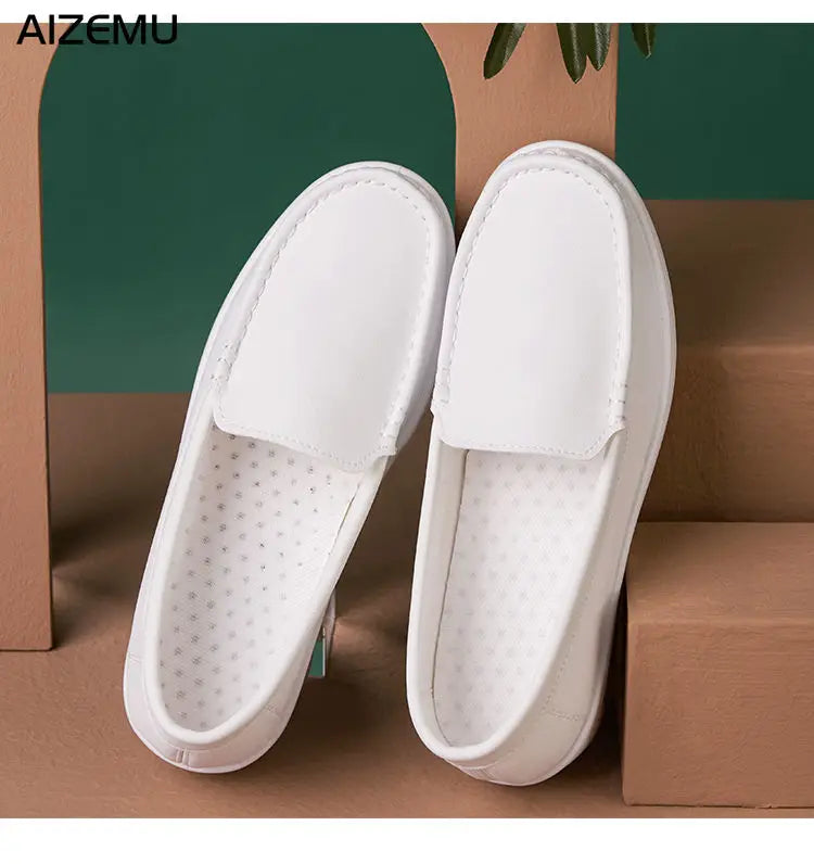 Women's White Slip-On Loafers - Comfortable Casual Flats for Work, Nursing, and Medical Professions - Non-Slip, Soft, and Breathable