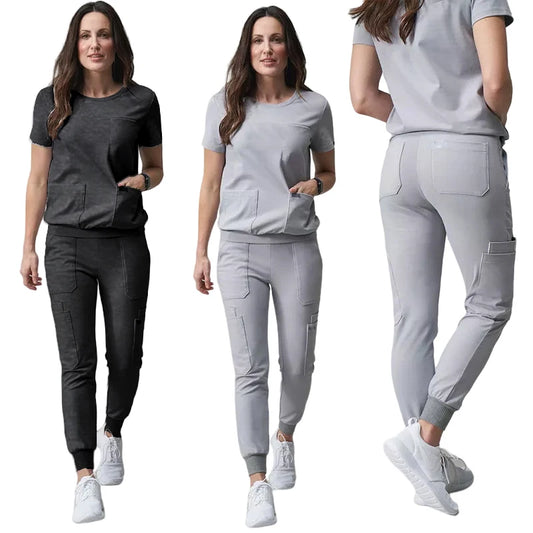 High Quality Black Grey Round Neck High Stretch Spandex Women Nurse Fashionable Stylish Jogger Scrubs Uniform Set