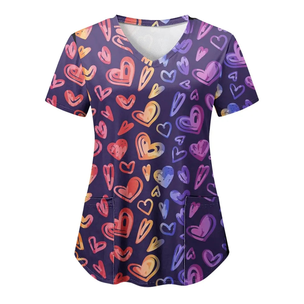 Valentine Day Nurse Uniform Women Heart Love Print Medical Scrubs Working Short Sleeve Uniform Blouse Scrubs Nursing Working