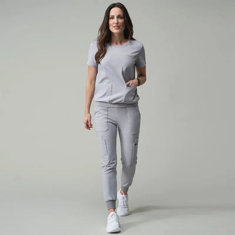 High Quality Black Grey Round Neck High Stretch Spandex Women Nurse Fashionable Stylish Jogger Scrubs Uniform Set