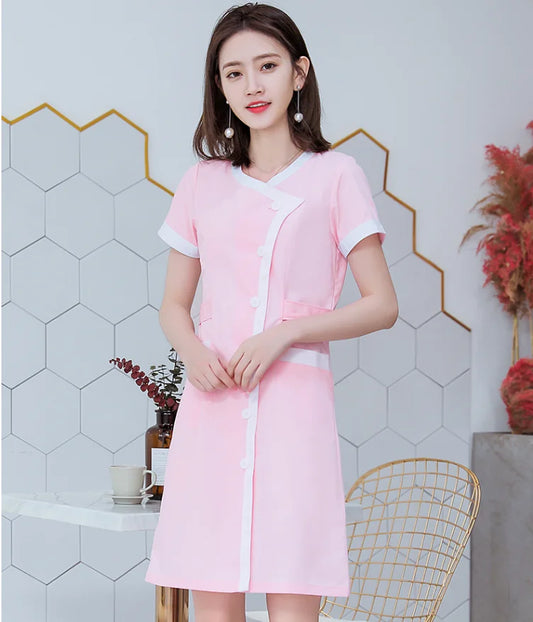 Pink Nurse Summer Workwear for Women - Medium Sleeves, Slim Fit Uniform with Front Opening