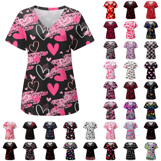 Nurse Print Short Sleeve Pocket Tops - Womens Workwear Health Workers Nursing Uniform