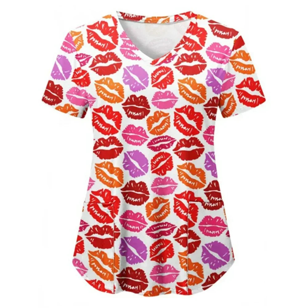 Valentine Day Nurse Uniform Women Heart Love Print Medical Scrubs Working Short Sleeve Uniform Blouse Scrubs Nursing Working