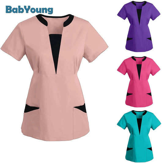 Women's Plus Size Solid Color Scrub Tops for Working in Beauty Salon or Medical Uniforms