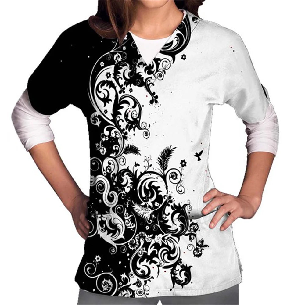 Nursing Uniform Women's Scrubs Top With Two Pockets Floral Printed Short Sleeve V-Neck