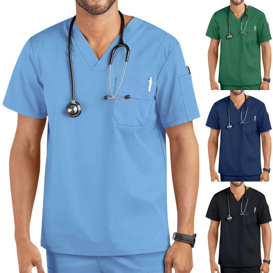 Scrubs Men Tops Solid color Short Sleeve Pocket Workers Shirts Workwear