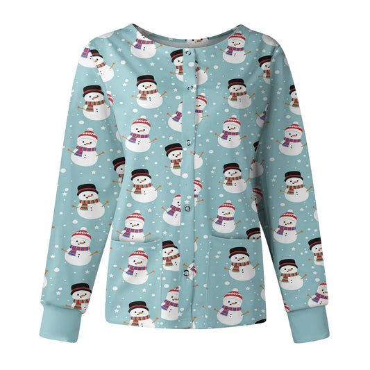 Christmas Print Nursing Uniform Jacket - Long-sleeve Tops for Women