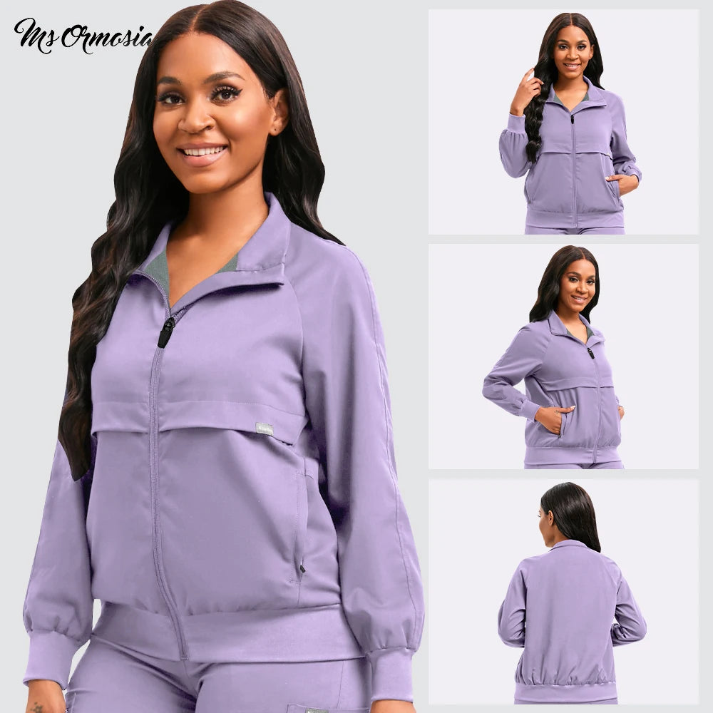 Medical Zipper Cardigan Jacket - Nurse Uniform Scrubs Tops - Long Sleeve Pocket Coat