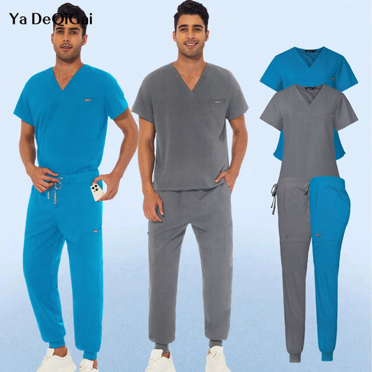 Mens Scrub Suits Short Sleeve T-shirt Jogger Pants Doctor Dentist Overalls Medical