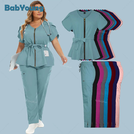 Plus size Nursing Uniforms Set - Short Sleeve Scrubs for Medical Professionals in Beauty Salon, Hospital; Tops and Pants Jogging Suits