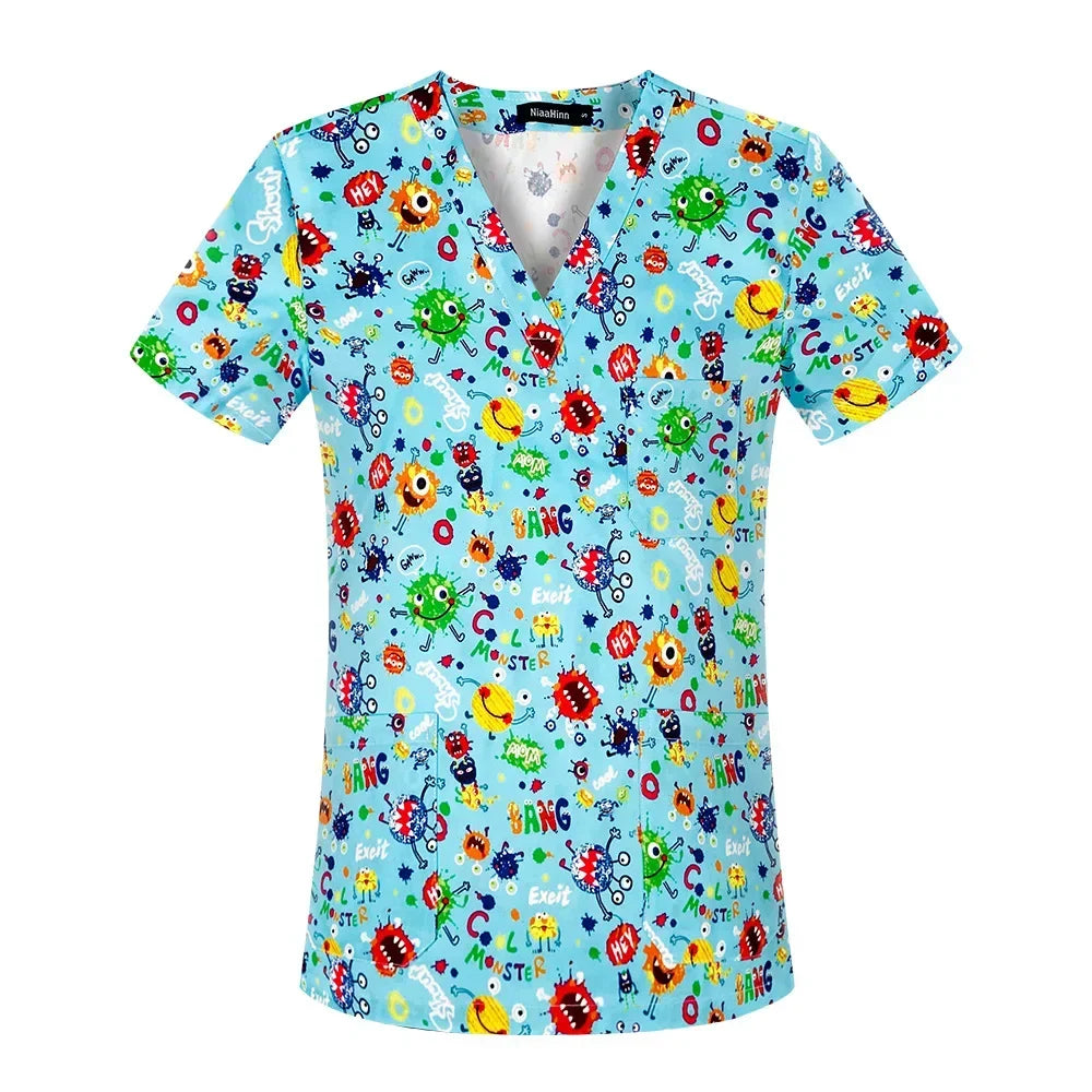 Women's Short-sleeved T-shirt Overalls with Cartoon Print for Surgical and Nursing Use