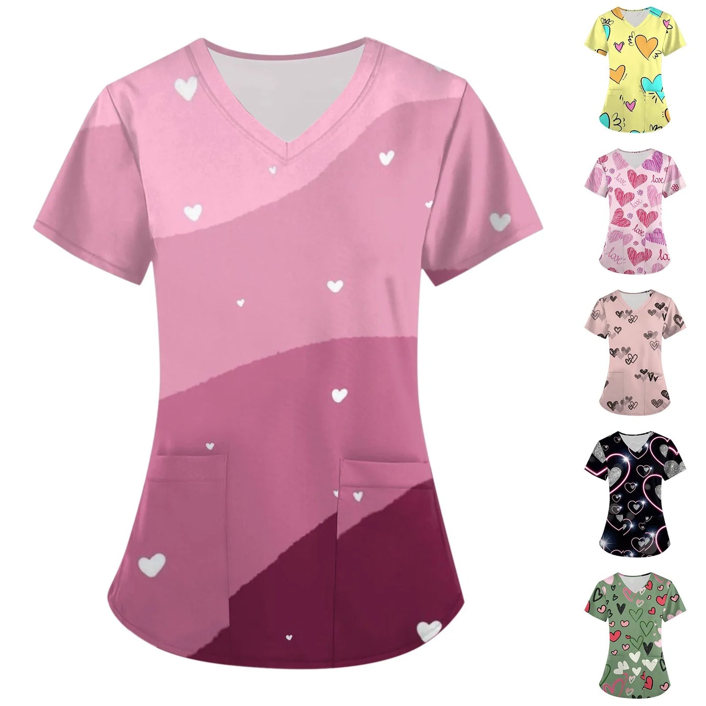 Women's Romantic and Caring Printed T-Shirt - Nurse Work Uniform V-Neck Top with Pocket