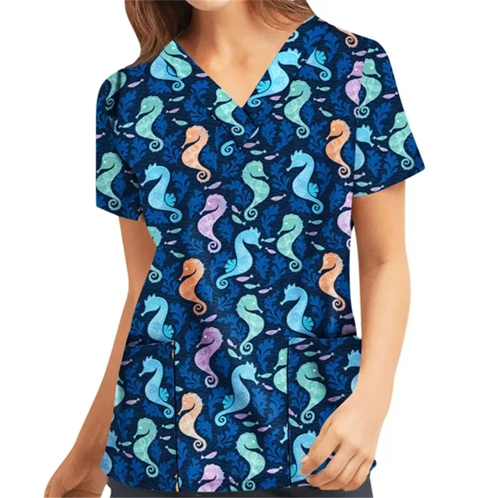 Nursing Uniform Women's Scrubs Top With Two Pockets Floral Printed Short Sleeve V-Neck